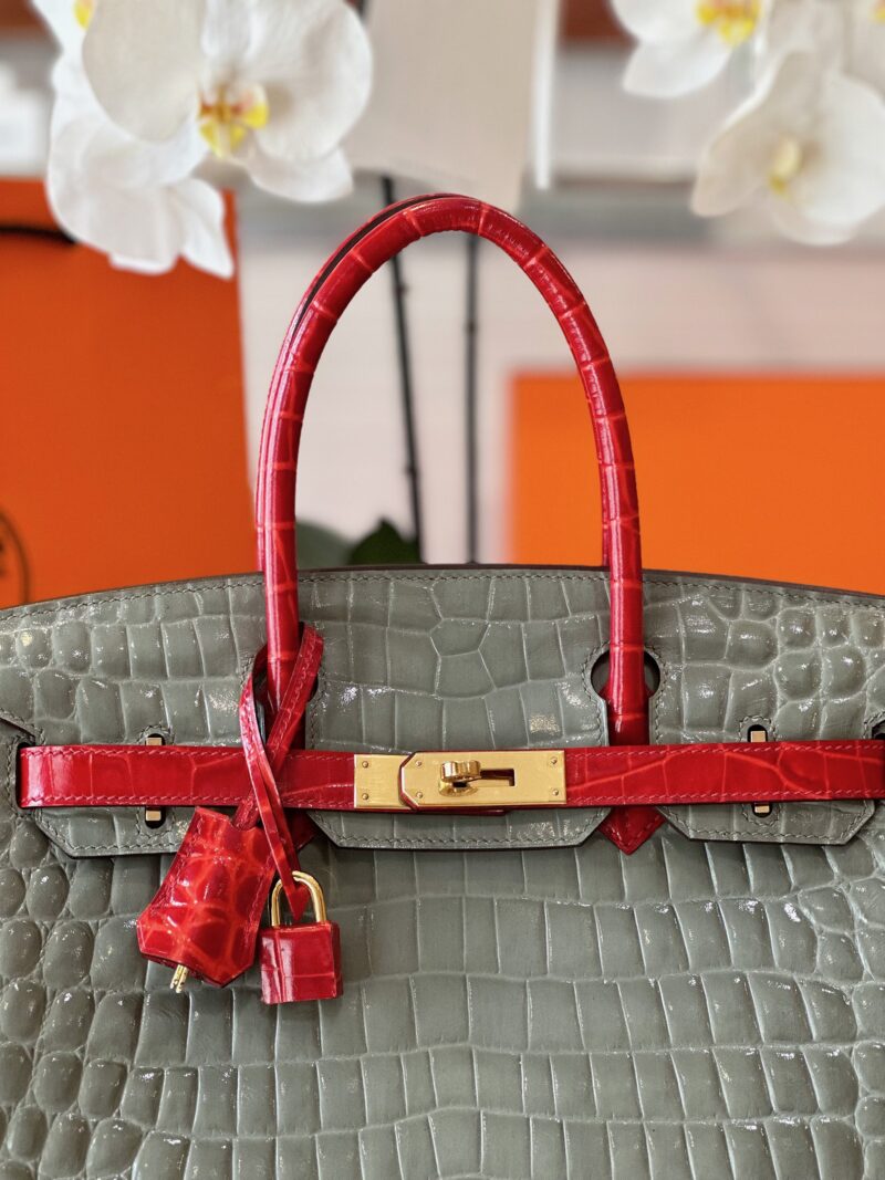 Hermes Birkin Genuine Crocodile Leather Gray and Red Custom Made