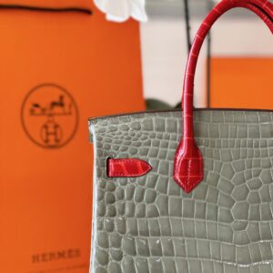 Hermes Birkin Genuine Crocodile Leather Gray and Red Custom Made