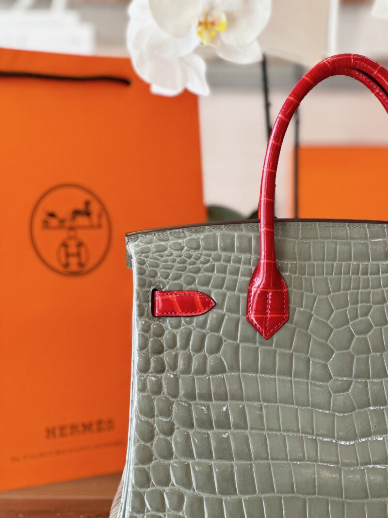 Hermes Birkin Genuine Crocodile Leather Gray and Red Custom Made