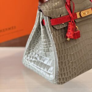 Hermes Birkin Genuine Crocodile Leather Gray and Red Custom Made