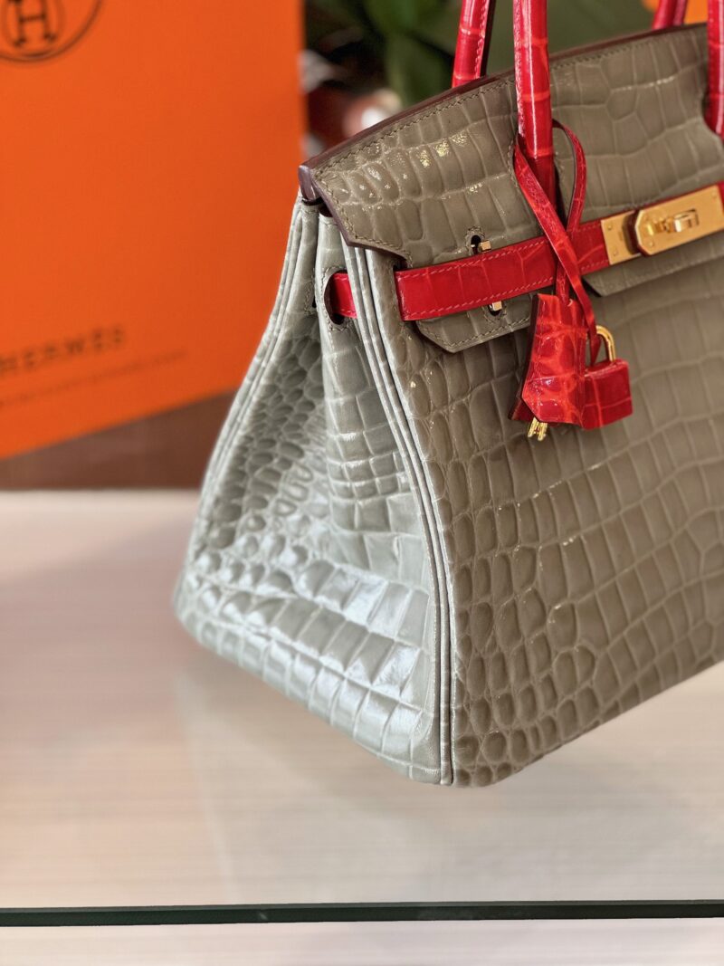 Hermes Birkin Genuine Crocodile Leather Gray and Red Custom Made
