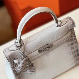 Hermes Kelly 25 Himalaya Albino Genuine Crocodile Leather Palladium Hardware