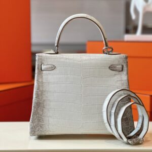 Hermes Kelly 25 Himalaya Albino Genuine Crocodile Leather Palladium Hardware