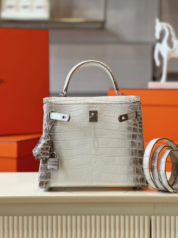 Hermes Kelly 25 Himalaya Albino Genuine Crocodile Leather Palladium Hardware