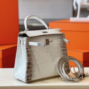Hermes Kelly 25 Himalaya Albino Genuine Crocodile Leather Palladium Hardware