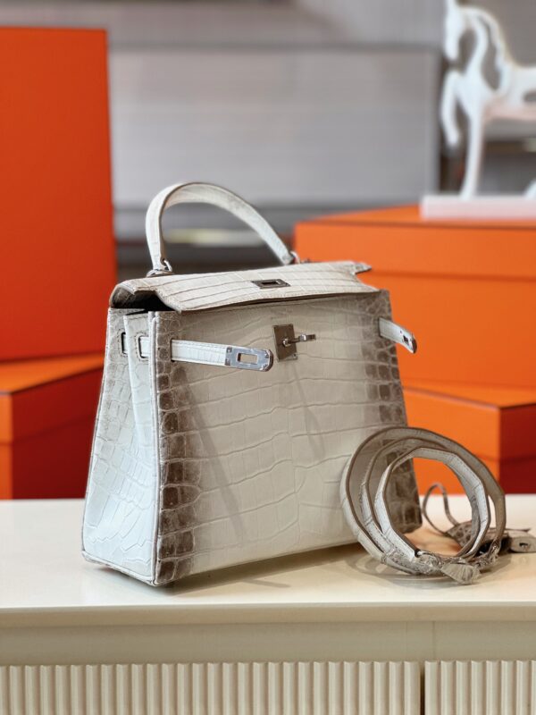Hermes Kelly 25 Himalaya Albino Genuine Crocodile Leather Palladium Hardware