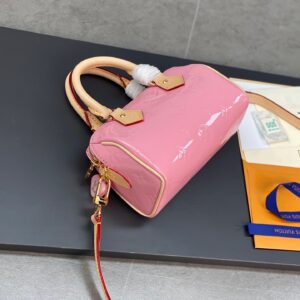 Louis Vuitton LV Nano Speedy Pink Mini Like Auth Shiny Leather Handbags 16x10x7.5cm