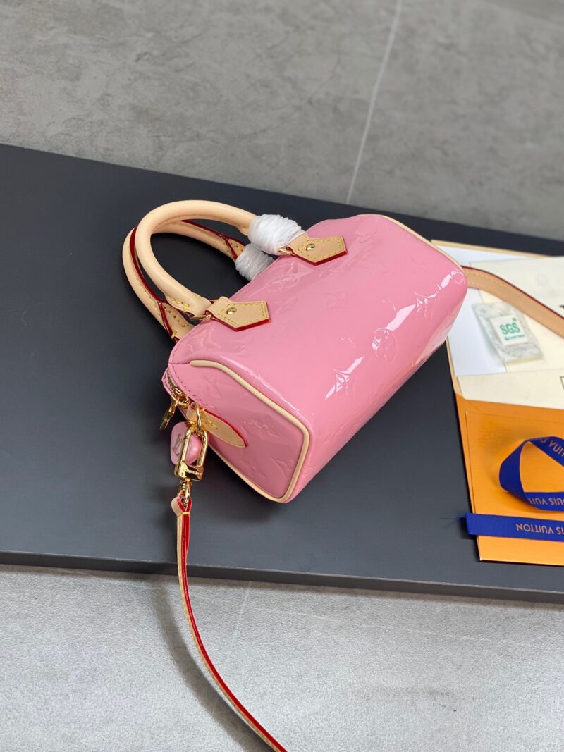 Louis Vuitton LV Nano Speedy Pink Mini Like Auth Shiny Leather Handbags 16x10x7.5cm