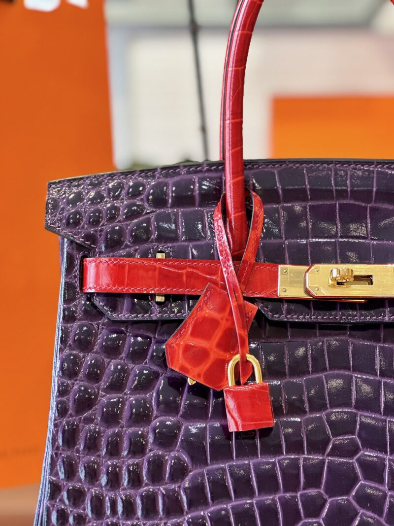 Hermes Birkin 30 Purple/Red Genuine Crocodile Leather Gold Hardware