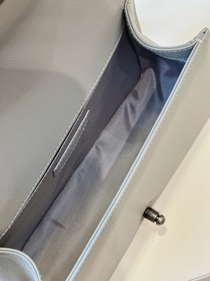 Chanel Boy Medium Handbags Grey Leather With Silver Lock 25cm