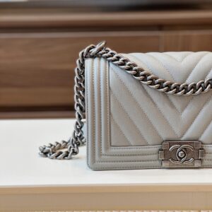 Chanel Boy Medium Handbags Grey Leather With Silver Lock 25cm