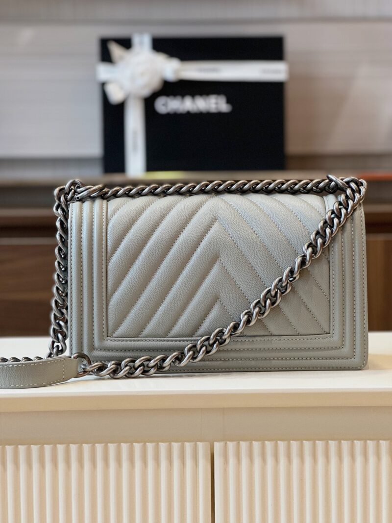 Chanel Boy Medium Handbags Grey Leather With Silver Lock 25cm