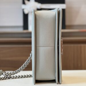 Chanel Boy Medium Handbags Grey Leather With Silver Lock 25cm