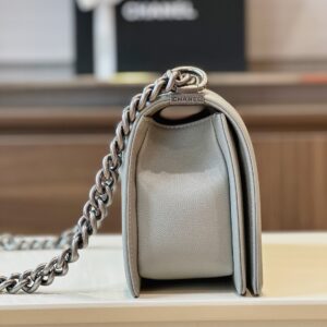 Chanel Boy Medium Handbags Grey Leather With Silver Lock 25cm