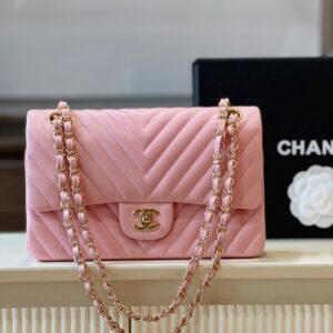 Chanel Classic Handbags V-Pattern Pink Lock Gold 23cm