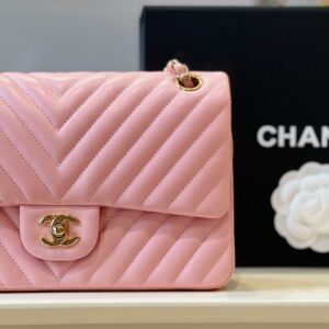Chanel Classic Handbags V-Pattern Pink Lock Gold 23cm