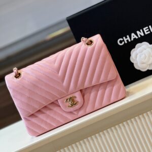 Chanel Classic Handbags V-Pattern Pink Lock Gold 23cm