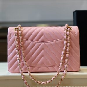 Chanel Classic Handbags V-Pattern Pink Lock Gold 23cm