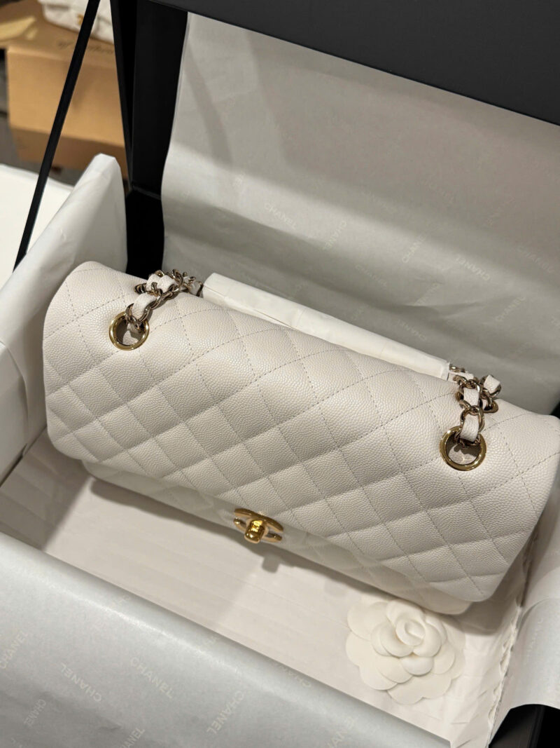 Chanel Classic Woman’s White Like Auth Handbags Lock Gold 25cm