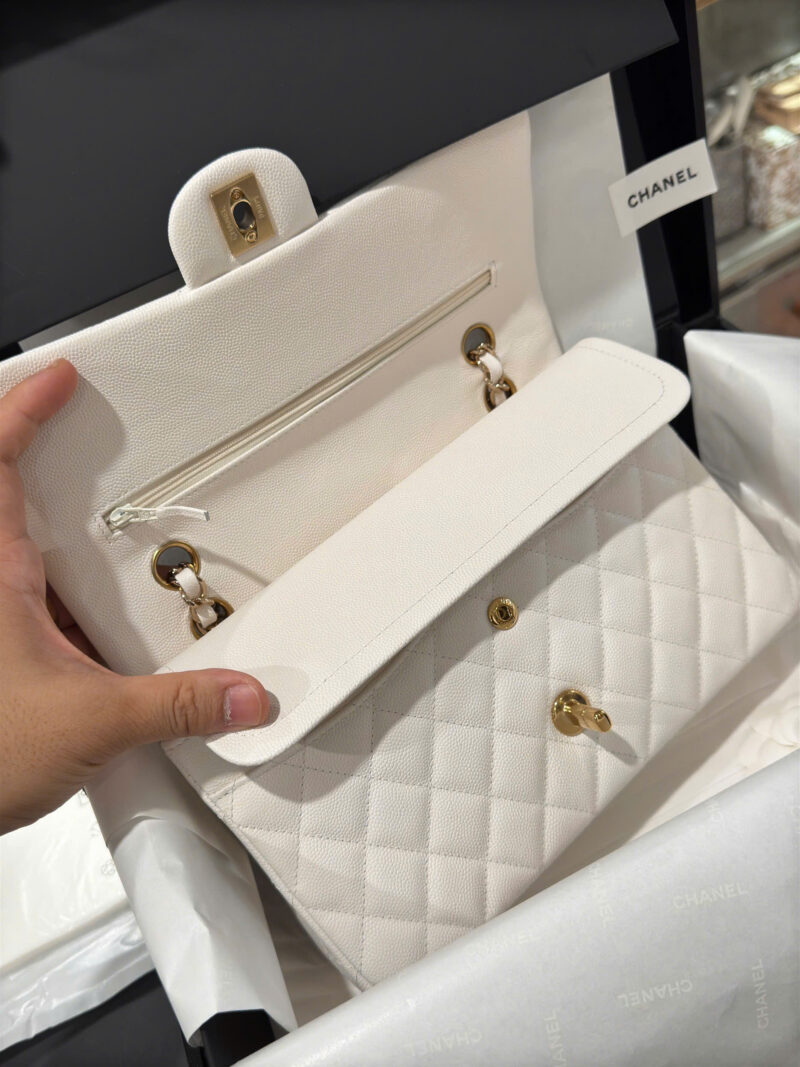 Chanel Classic Woman’s White Like Auth Handbags Lock Gold 25cm