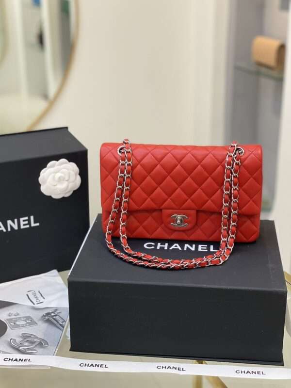 Chanel Classic Woman’s Luxury Handbags Red Lock Silver 25cm