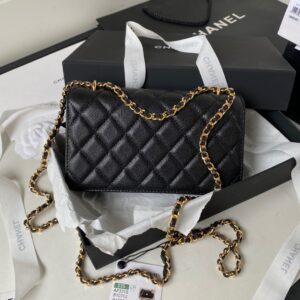 Chanel Handle Bag Lumpy Skin Handbags Black With Lock Gold 19cm