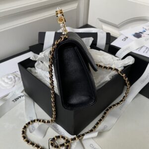 Chanel Woc Pearl Handle Plated Handbags Black Leather With Lock Gold 11.5×14.5×5.5cm