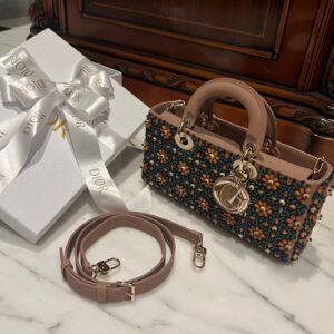 Dior D-Joy Medium Handbag With Beaded Pattern Like Auth 26cm