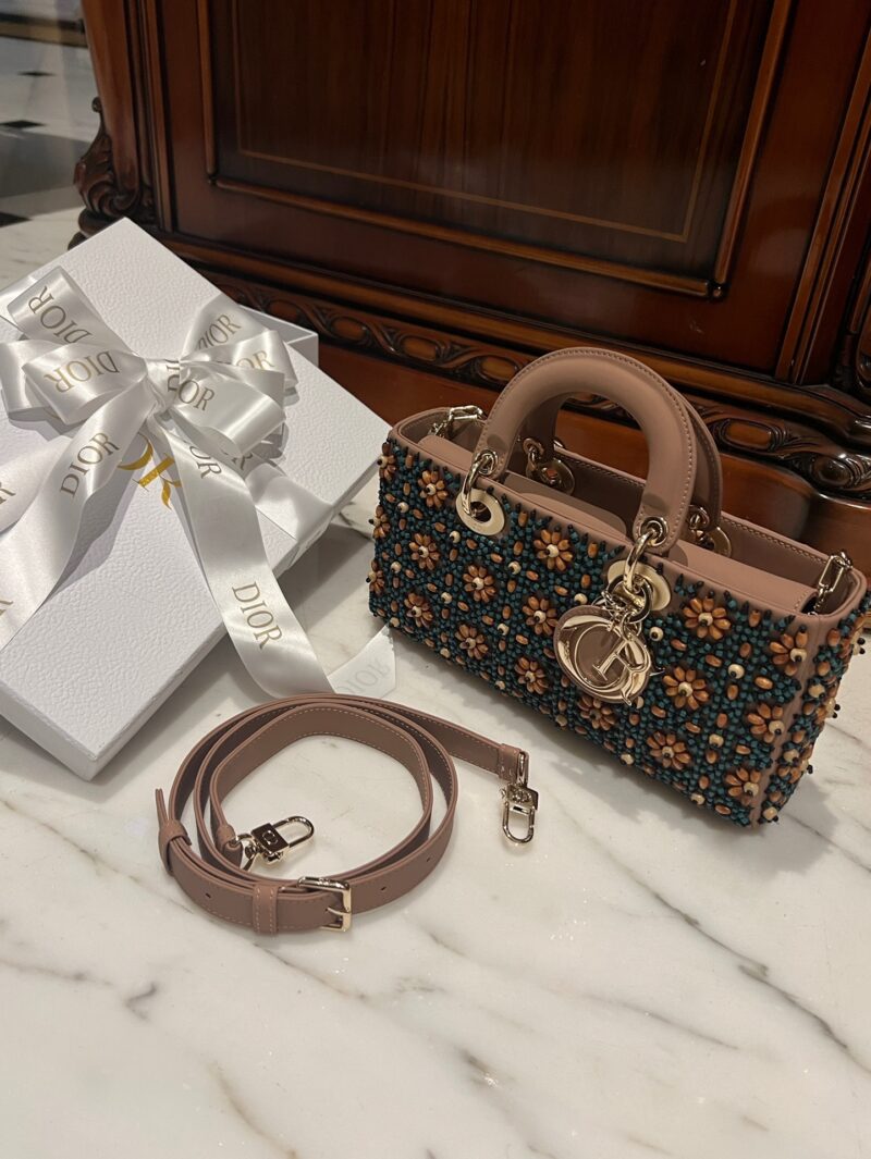 Dior D-Joy Medium Handbag With Beaded Pattern Like Auth 26cm