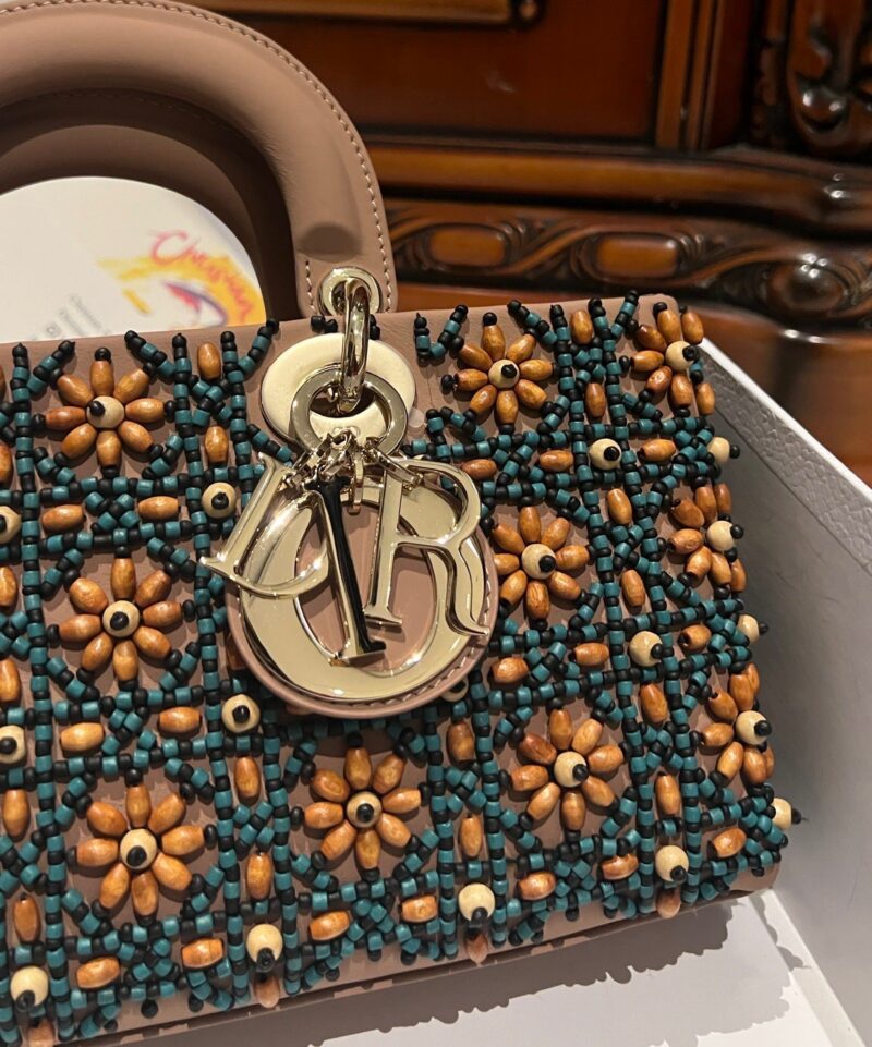 Dior D-Joy Medium Handbag With Beaded Pattern Like Auth 26cm