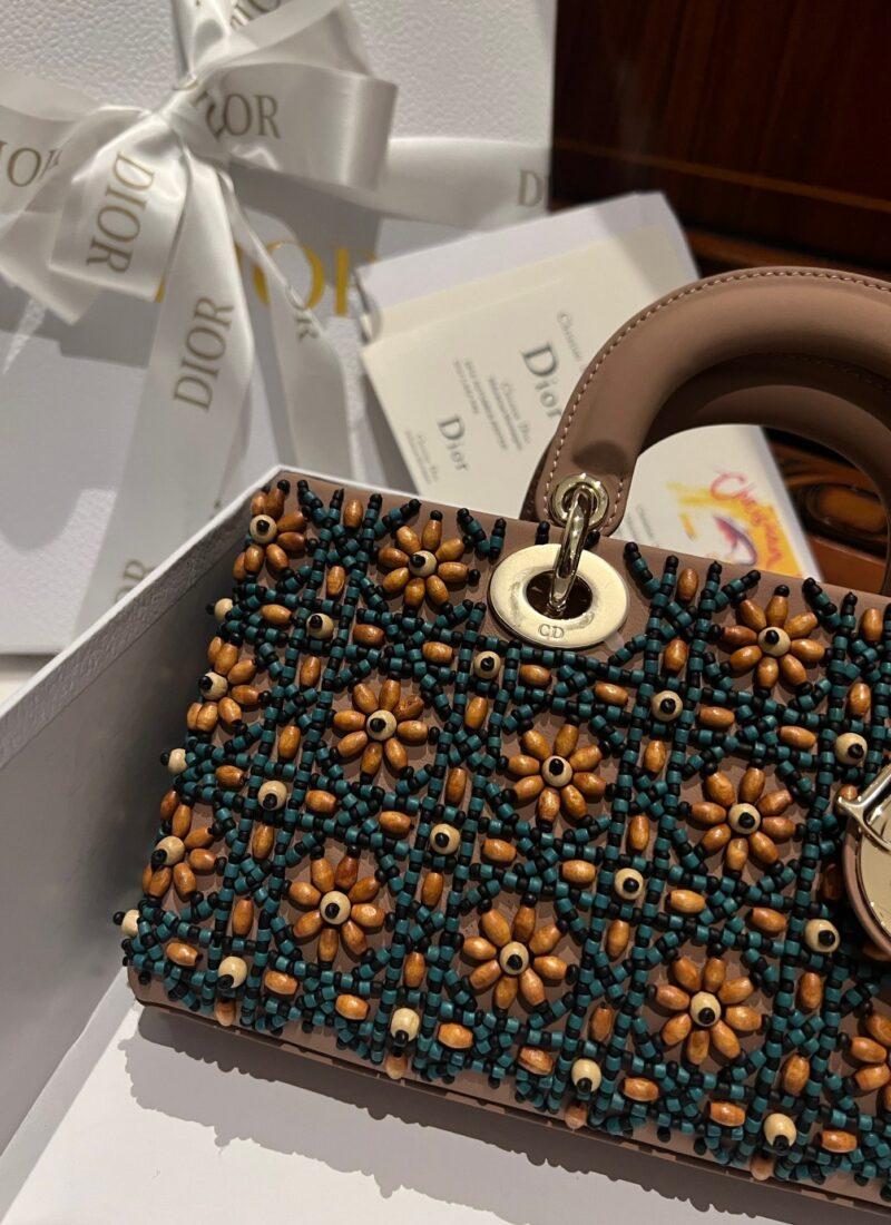 Dior D-Joy Medium Handbag With Beaded Pattern Like Auth 26cm