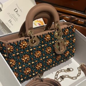 Dior D-Joy Medium Handbag With Beaded Pattern Like Auth 26cm