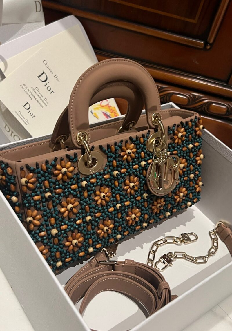 Dior D-Joy Medium Handbag With Beaded Pattern Like Auth 26cm
