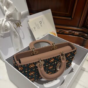 Dior D-Joy Medium Handbag With Beaded Pattern Like Auth 26cm