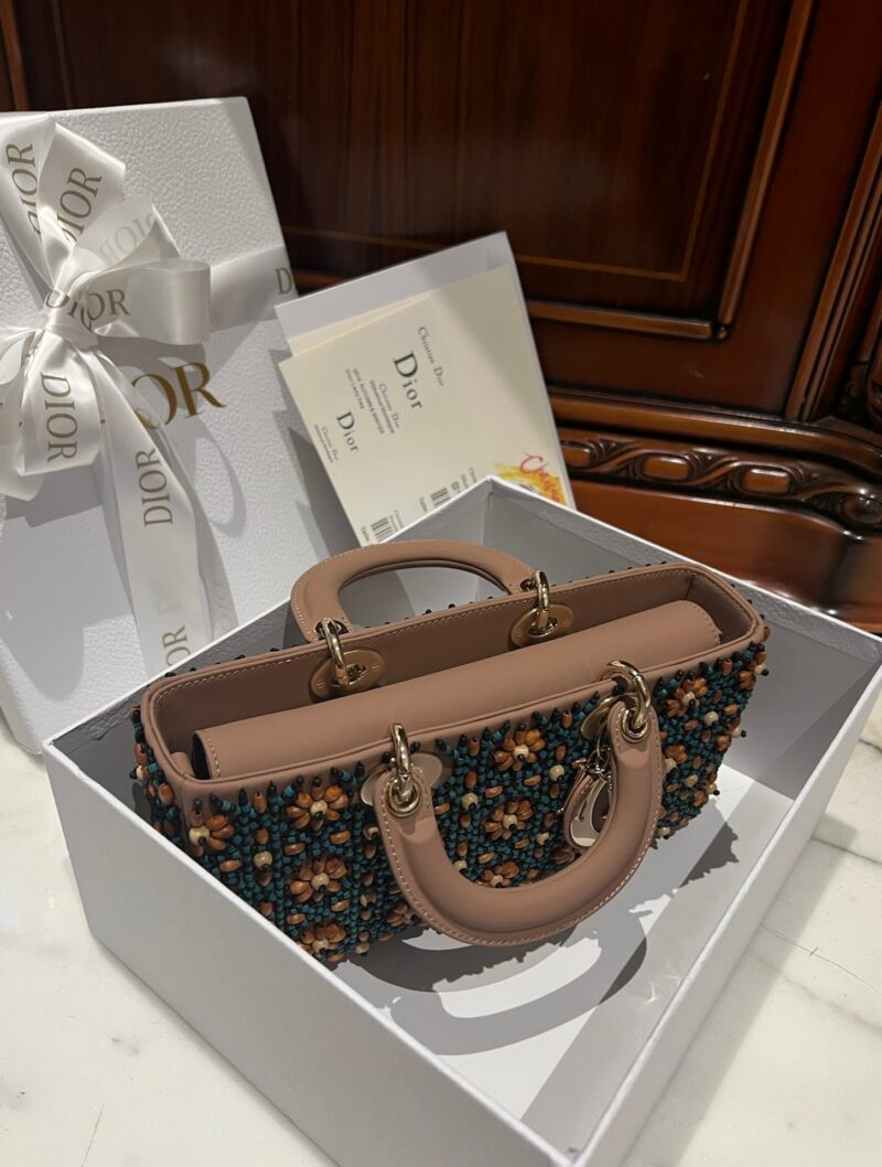 Dior D-Joy Medium Handbag With Beaded Pattern Like Auth 26cm