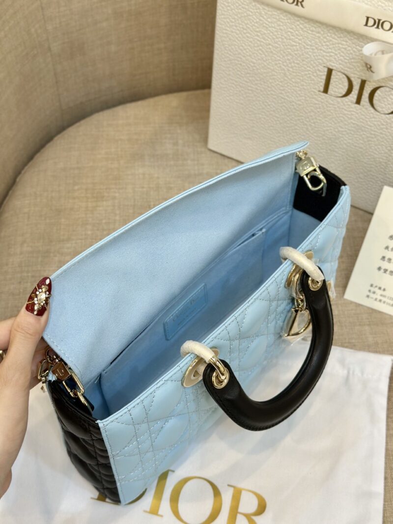 Dior D-Joy Women’s Handbag, Ice Blue Cowhide Leather, Like Auth 26cm