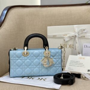 Dior D-Joy Women’s Handbag, Ice Blue Cowhide Leather, Like Auth 26cm