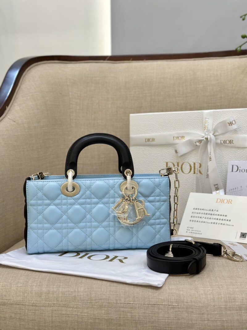 Dior D-Joy Women’s Handbag, Ice Blue Cowhide Leather, Like Auth 26cm