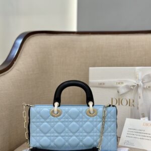 Dior D-Joy Women’s Handbag, Ice Blue Cowhide Leather, Like Auth 26cm