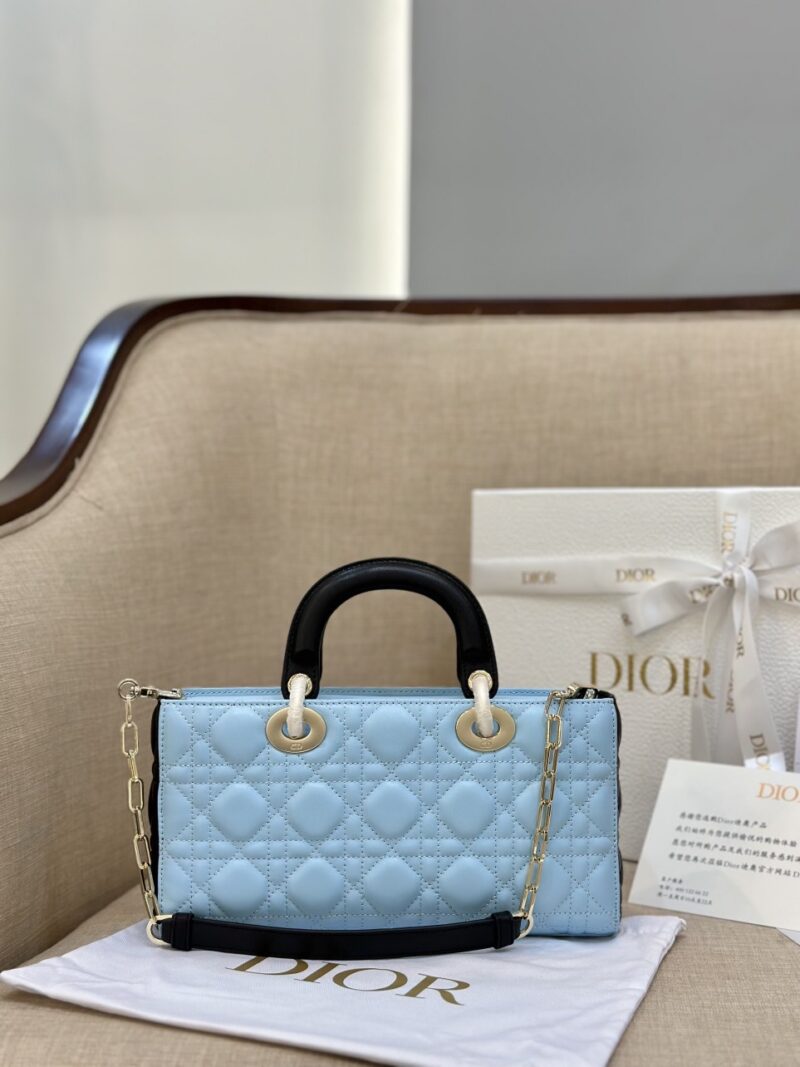 Dior D-Joy Women’s Handbag, Ice Blue Cowhide Leather, Like Auth 26cm