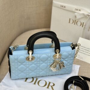 Dior D-Joy Women’s Handbag, Ice Blue Cowhide Leather, Like Auth 26cm