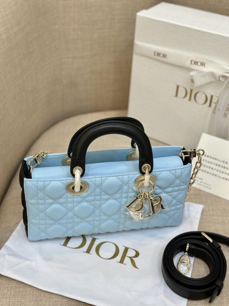 Dior D-Joy Women’s Handbag, Ice Blue Cowhide Leather, Like Auth 26cm