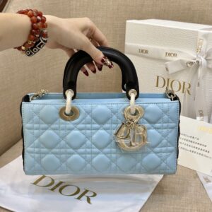 Dior D-Joy Women’s Handbag, Ice Blue Cowhide Leather, Like Auth 26cm