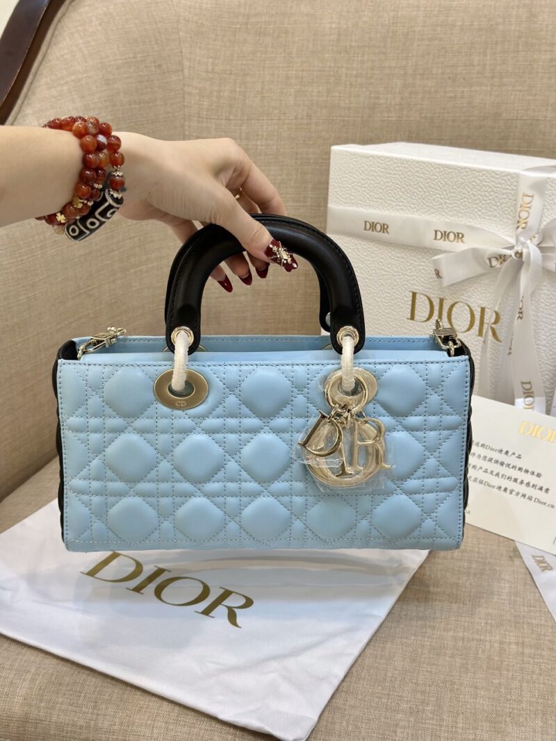 Dior D-Joy Women’s Handbag, Ice Blue Cowhide Leather, Like Auth 26cm