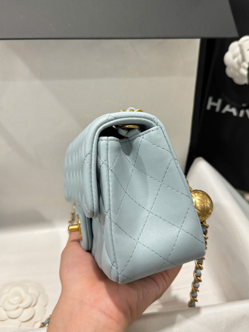 Chanel Classic Bell Bag Handbag Sheepskin Blue Like Auth Lock Gold 20cm