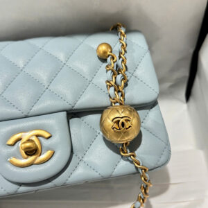 Chanel Classic Bell Bag Handbag Sheepskin Blue Like Auth Lock Gold 20cm