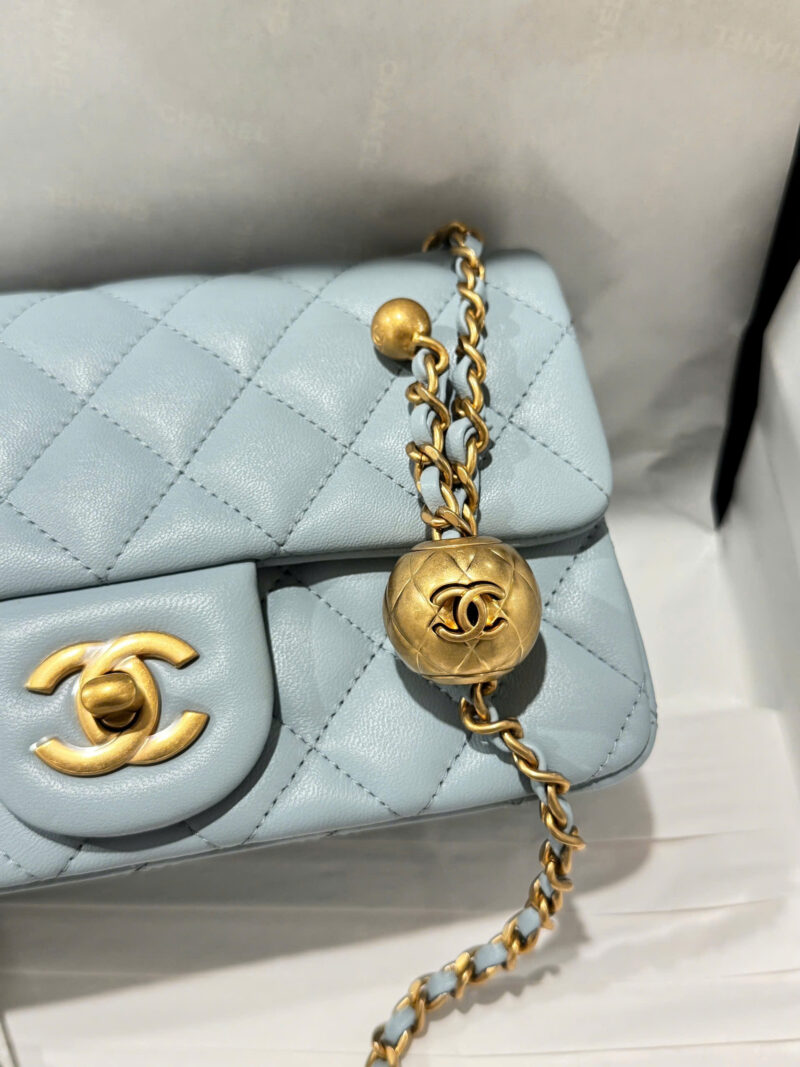 Chanel Classic Bell Bag Handbag Sheepskin Blue Like Auth Lock Gold 20cm