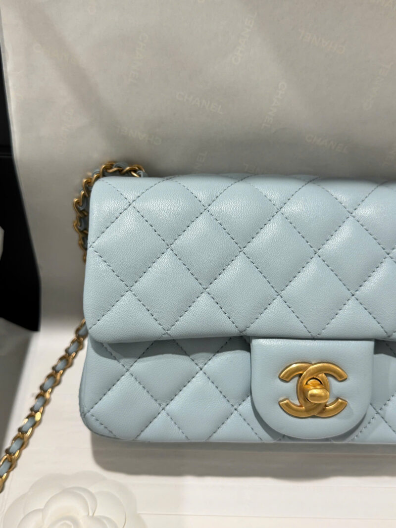 Chanel Classic Bell Bag Handbag Sheepskin Blue Like Auth Lock Gold 20cm