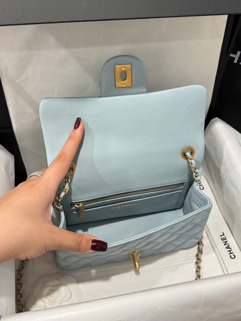 Chanel Classic Bell Bag Handbag Sheepskin Blue Like Auth Lock Gold 20cm