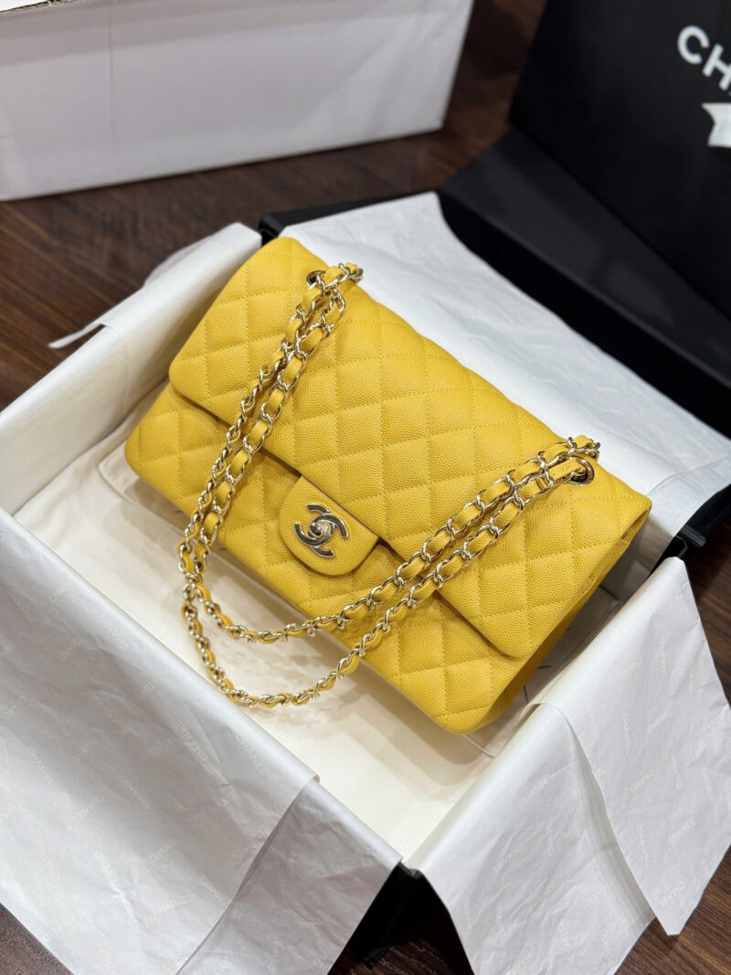 Chanel Classic Sheepskin Yellow Woman’s Handbags Like Auth 23cm